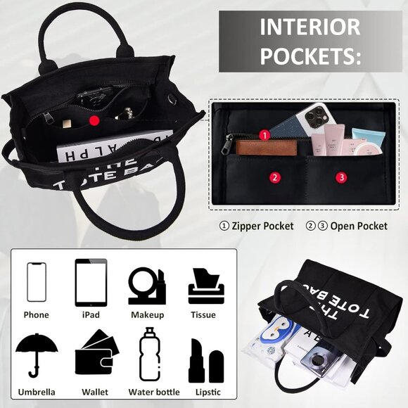 Women Black Personalized Canvas with Zipper Top-Handle Crossbody Tote Handbag - Picture 6 of 7